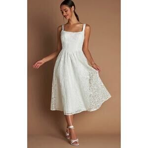 Azazie Atelier Deia White Battenburg Lace Bow Midi Dress  Sz 18
